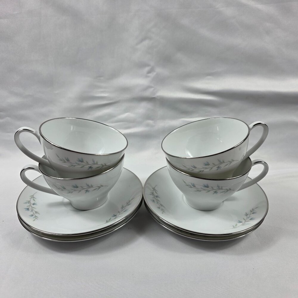 FOUR Noritake Tilford Cup & Saucer Sets White with Blue Flowers & Green Leaves